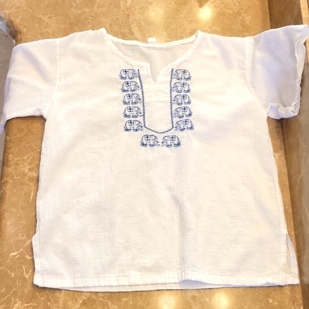 Women's 100% Cotton White Top with Blue Elephant Design, M